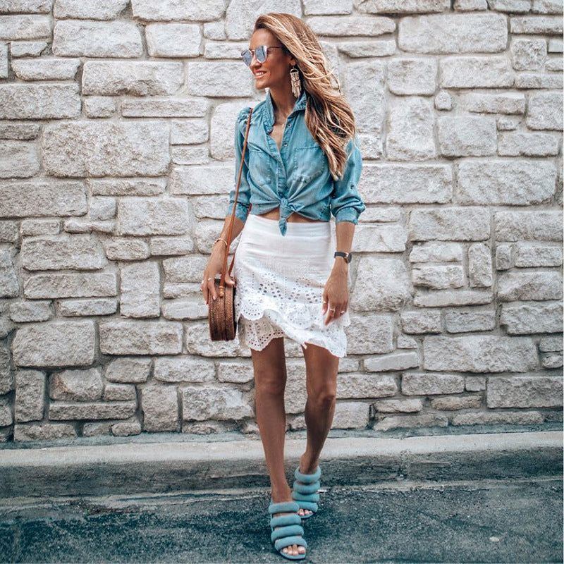 Lapel Denim Shirt Washed Retro Slim Top