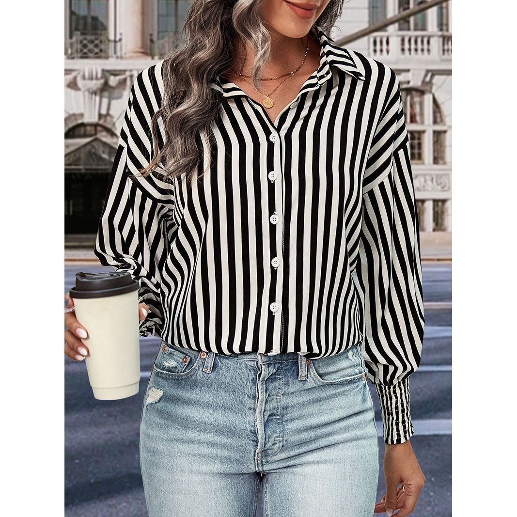 New European And American Long-sleeved Commuter Striped Shirt For Women
