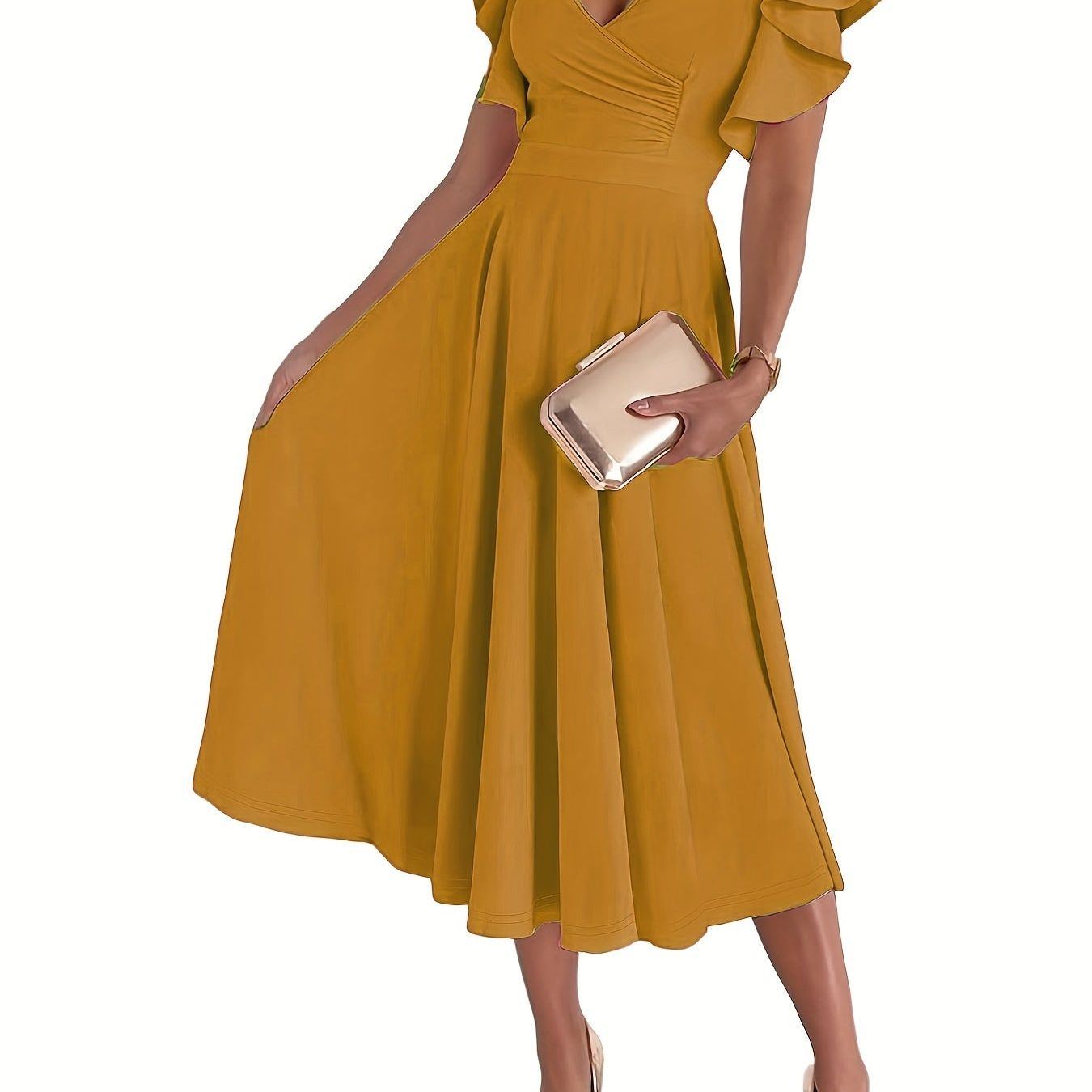 Solid Color Flutter Sleeve Dress, Elegant Surplice Neck A-line Dress, Women's Clothing