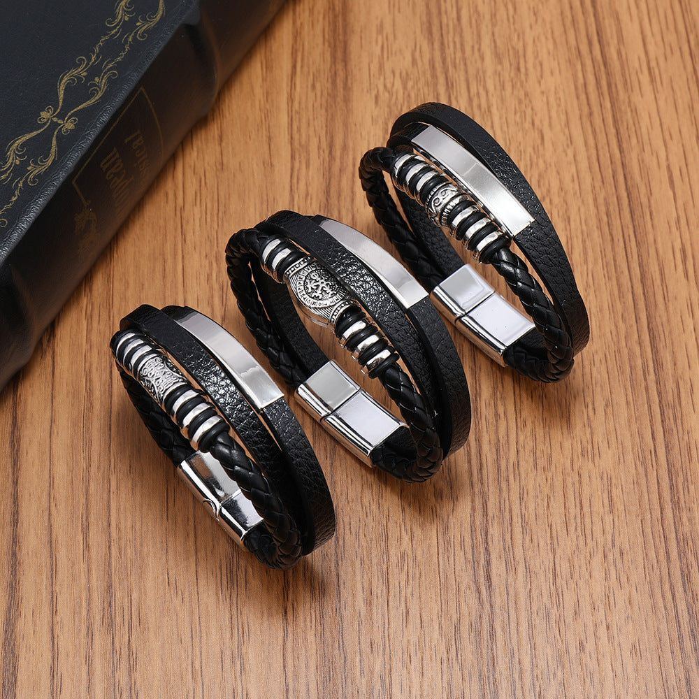 Men's Leather Multi-layer Woven Magnetic Buckle Bracelet - Jointcorp