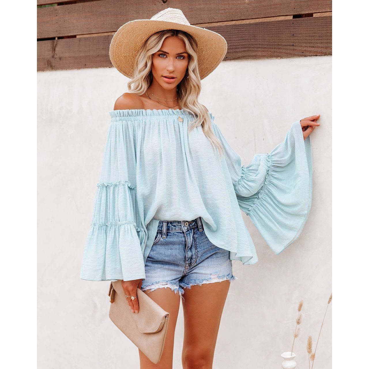 Pure Color Slub Cotton Women Flare Sleeve Spring-summer Top
