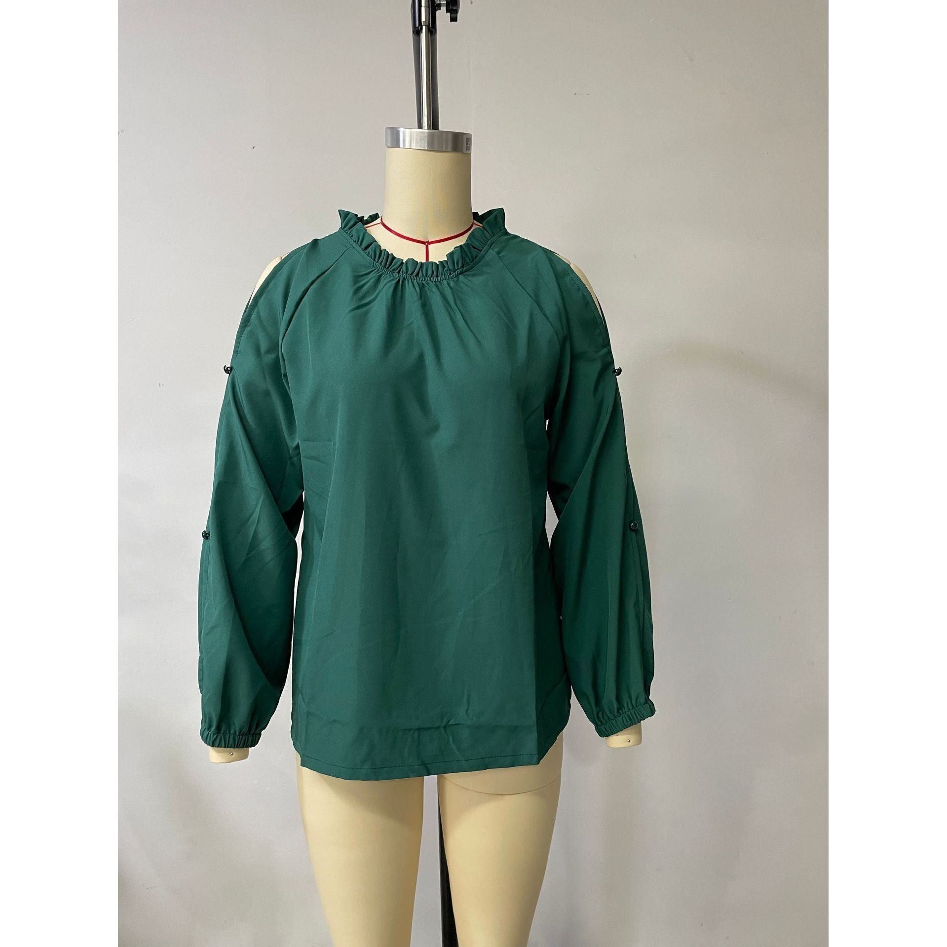 Ruffle Round Neck Long Sleeve Pleated Off-shoulder Top