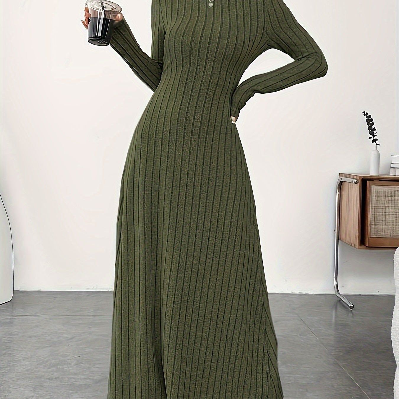 Solid Color Turtle Neck Ribbed Dress, Elegant Long Sleeve Flared Maxi Dress For Spring & Fall, Women's Clothing