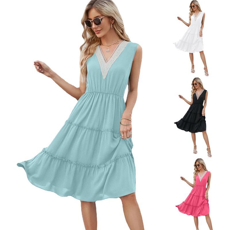 V-neck Dresses Women Sleeveless Pleated Ruffle Elegant Dress Beach Summer - Jointcorp