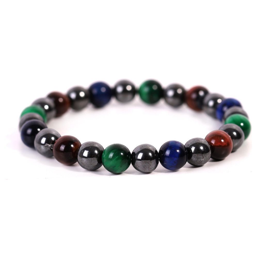 Black Magnet Bright Stone Tricolor Red Green Blue Tigereye Beaded Bracelet - Jointcorp