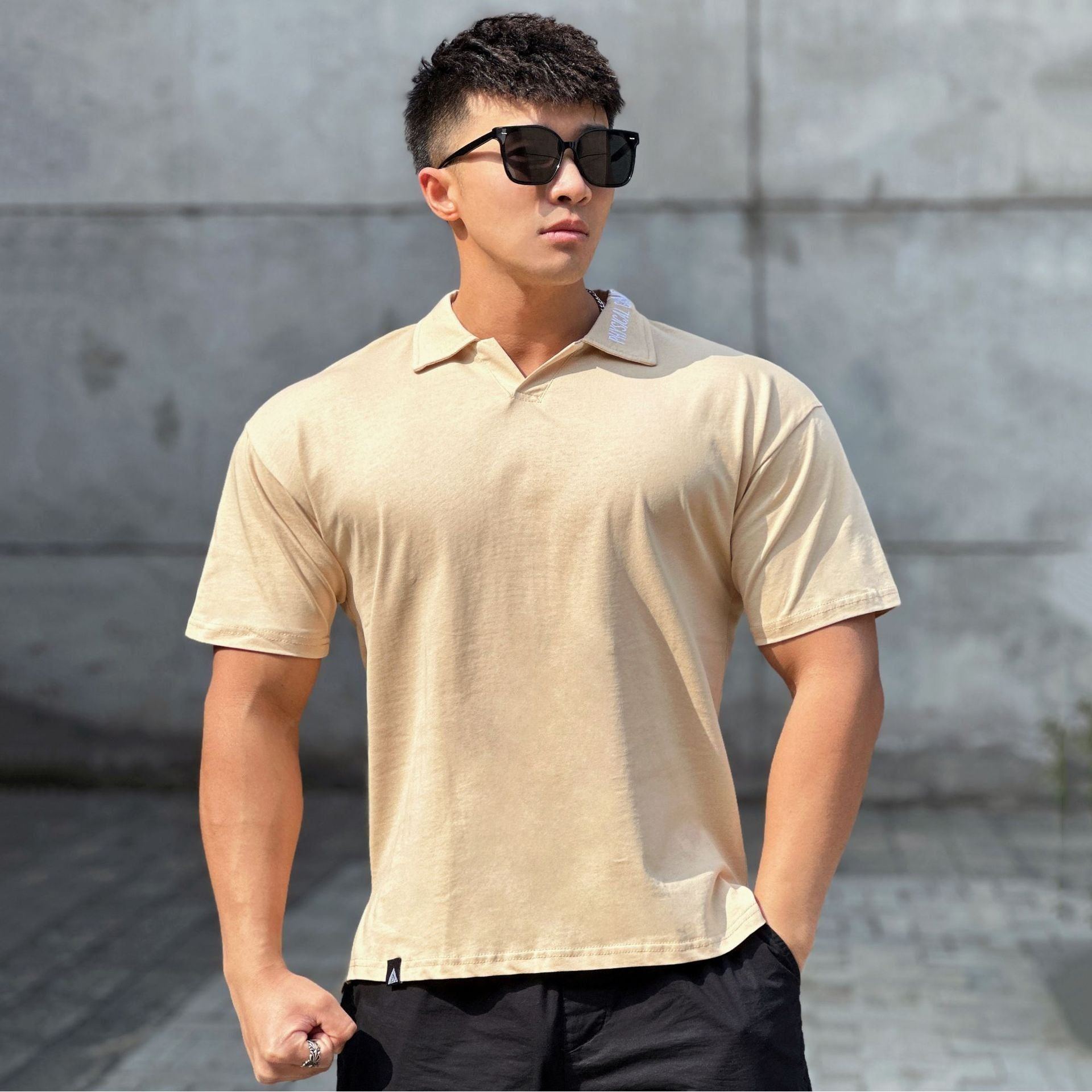Fitness Running Loose Cotton Lapel Embroidered Thick T-shirt - Jointcorp