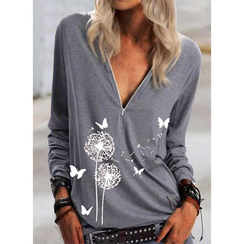Dandelion Printed Zip Top Casual Long Sleeve T-shirt - Jointcorp