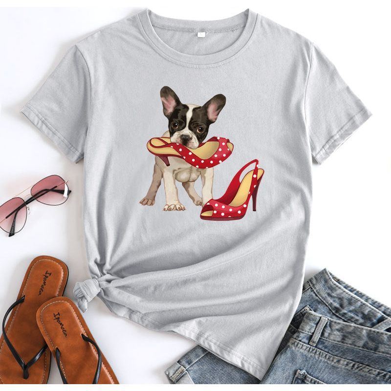 Loose And Cute Dog Print Pure Cotton Round Neck Short Sleeves
