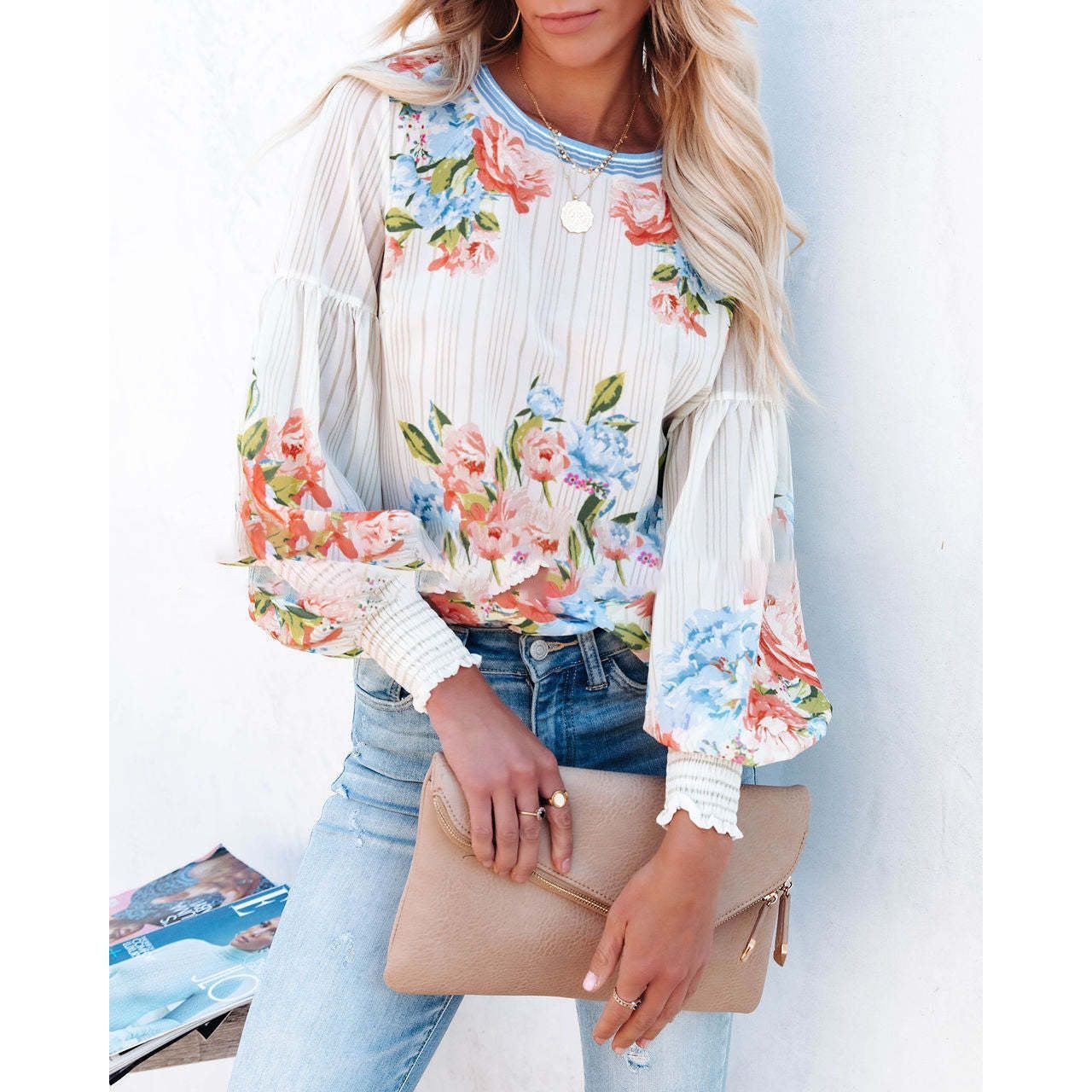 Spring Street Hipster Lantern Sleeve Positioning Flower Women's Round Neck Loose T-shirt