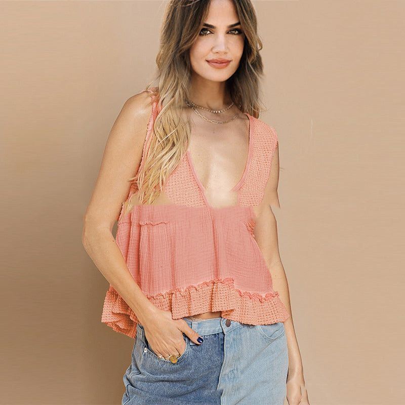 Deep V-neck Sleeveless Top Loose Casual Women's Ruffled Stitching Vest