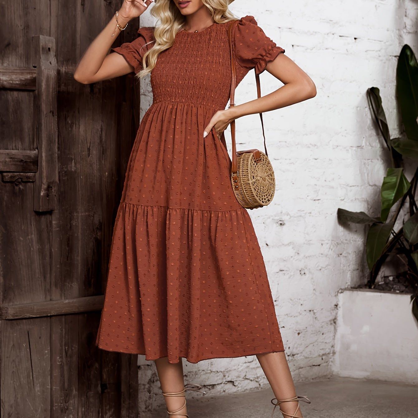 Shirred Ruffle Hem Dress, Elegant Short Sleeve Dress For Spring & Summer, Women's Clothing Wedding graduation engagement occasion ceremony party holiday vacation birthday