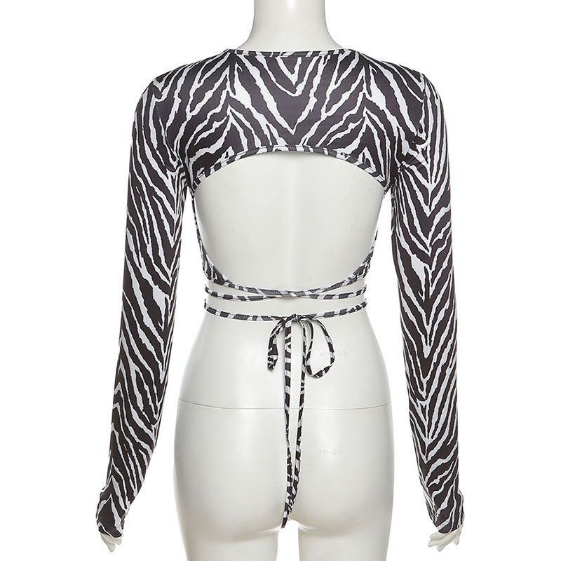 Striped Print Lace-up Short Tops For Women