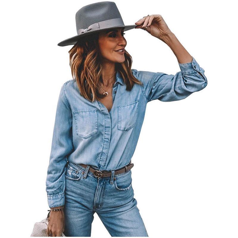 Lapel Denim Shirt Washed Retro Slim Top