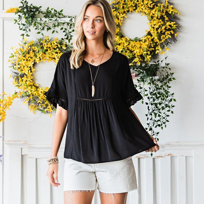 V-neck Ribbon Ruffle Top Women's Short-sleeved Pullover