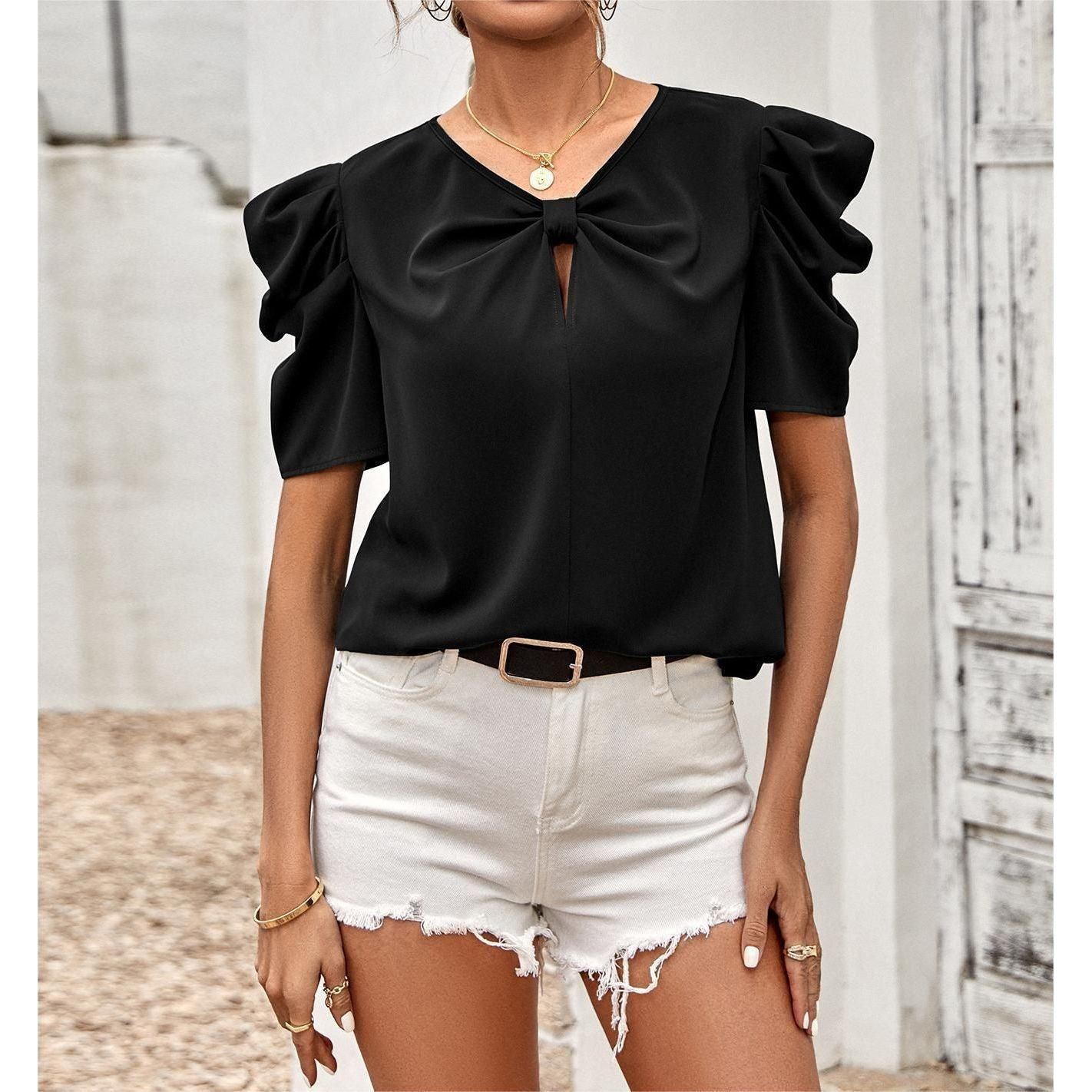 Solid Color Puff Sleeve V-neck Slim-fitting New Women's Shirt