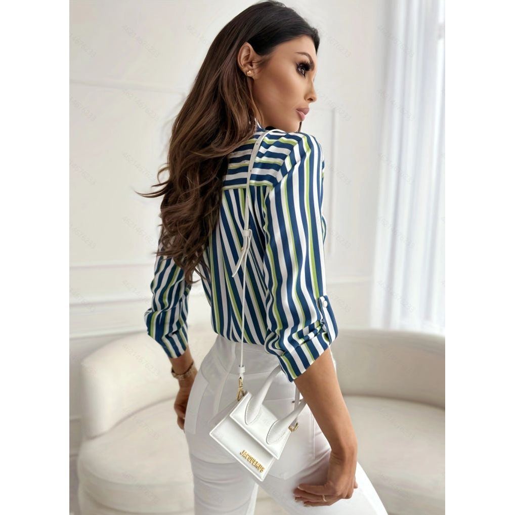 V-neck Pocket Striped Printed Shirt Women