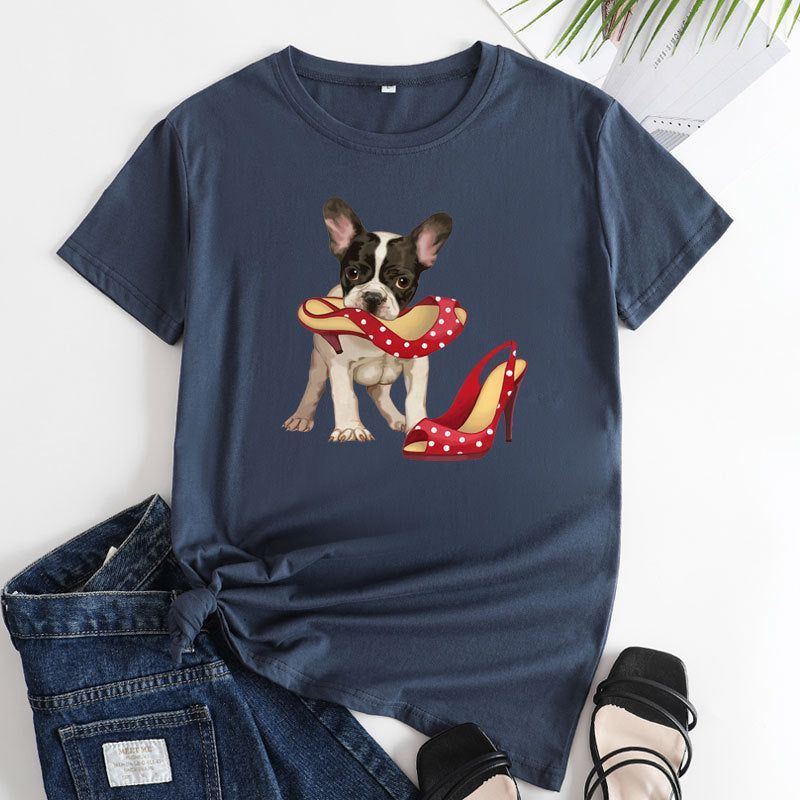 Loose And Cute Dog Print Pure Cotton Round Neck Short Sleeves