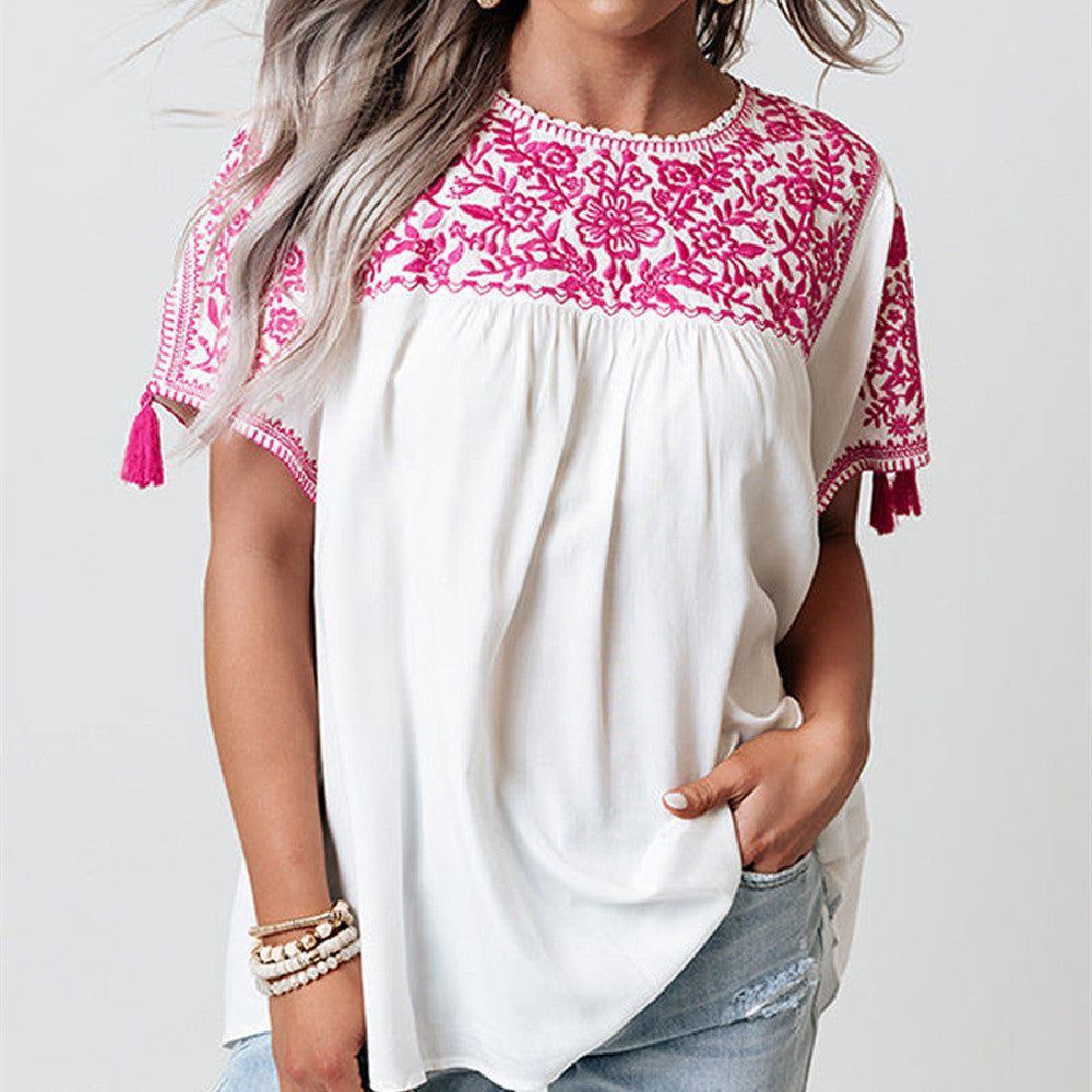 Embroidered Top Women's Short Sleeve Tassel Decoration