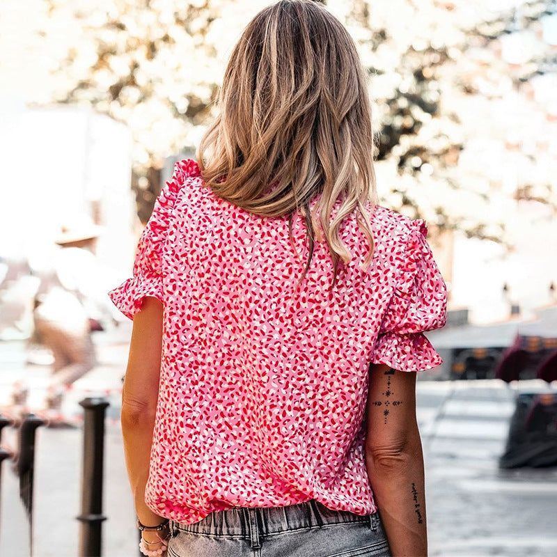 Printed Slim Shirt Women's Ruffled Low V-neck Shirt Women - Jointcorp