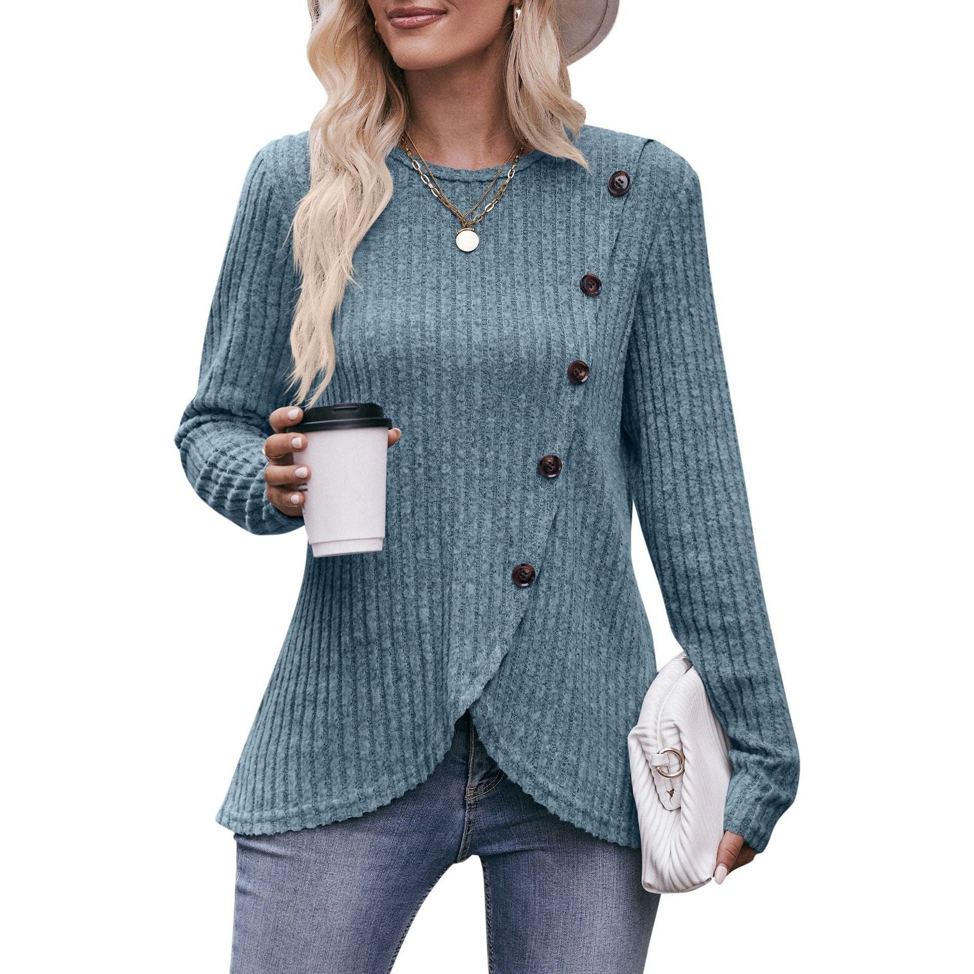 Women's Round-neck Sunken Stripe Brushed Tulip Hem Solid Color Button T-shirt