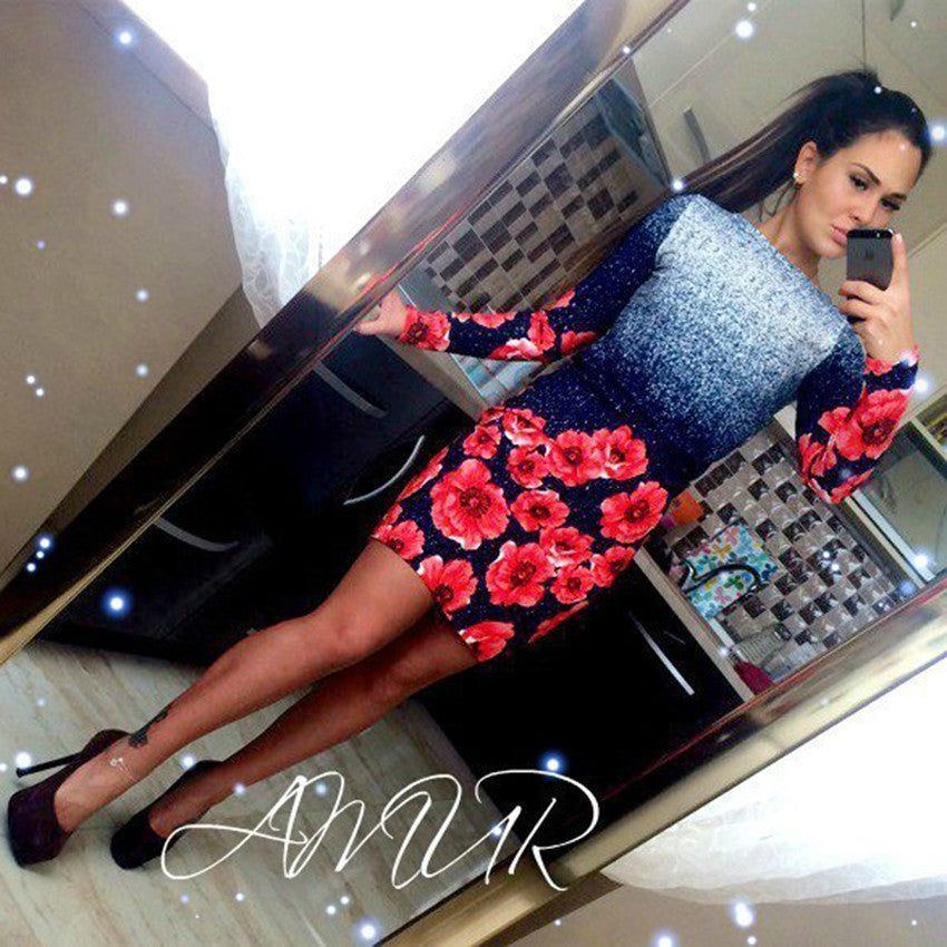 Women Dress O Neck Polka Dot Floral Print Pencil Dress Long Sleeve Bodycon Mini Night Club Party Dresses Vestido - Jointcorp