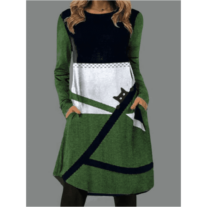 New Women's Printed Round Neck Long Sleeve Pocket Dress - Jointcorp