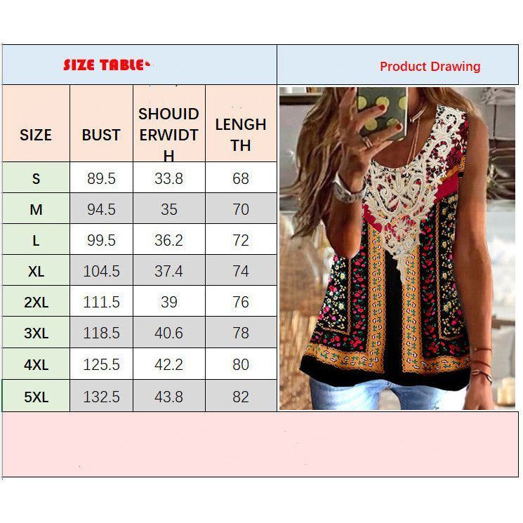 New Vintage Print Sleeveless Lace U-neck Vest Women's Top