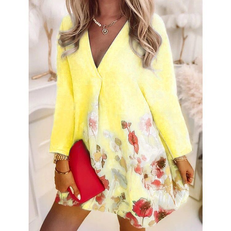 V-neck Loose Print Long-sleeved Dress - Jointcorp