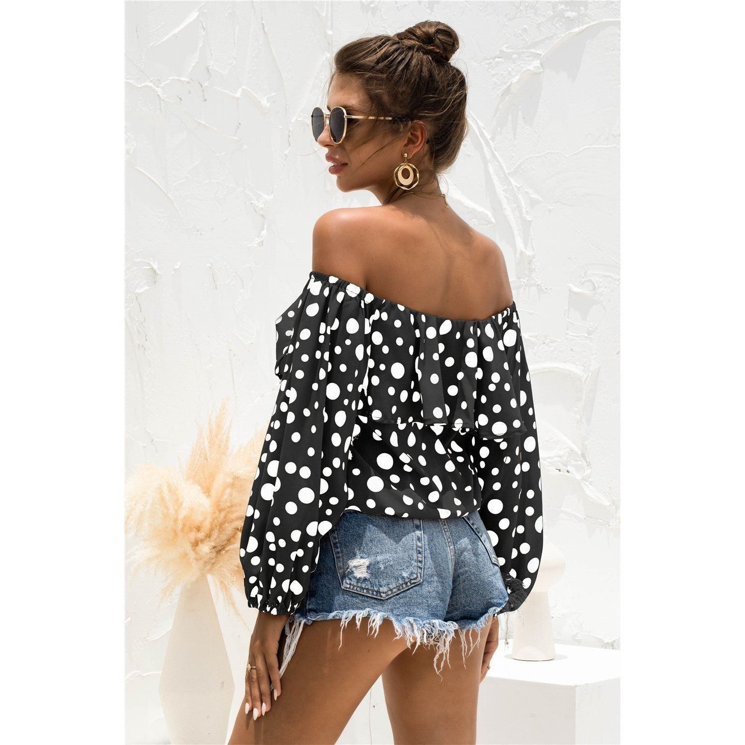 Women's Off-shoulder Puff Sleeve Dot Top T-shirt - Jointcorp