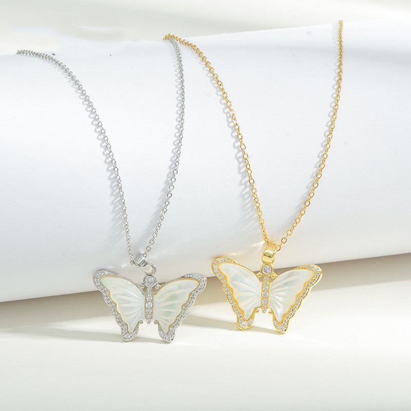 Natural Shell Butterfly Micro-inlaid Full Diamond Necklace - Jointcorp