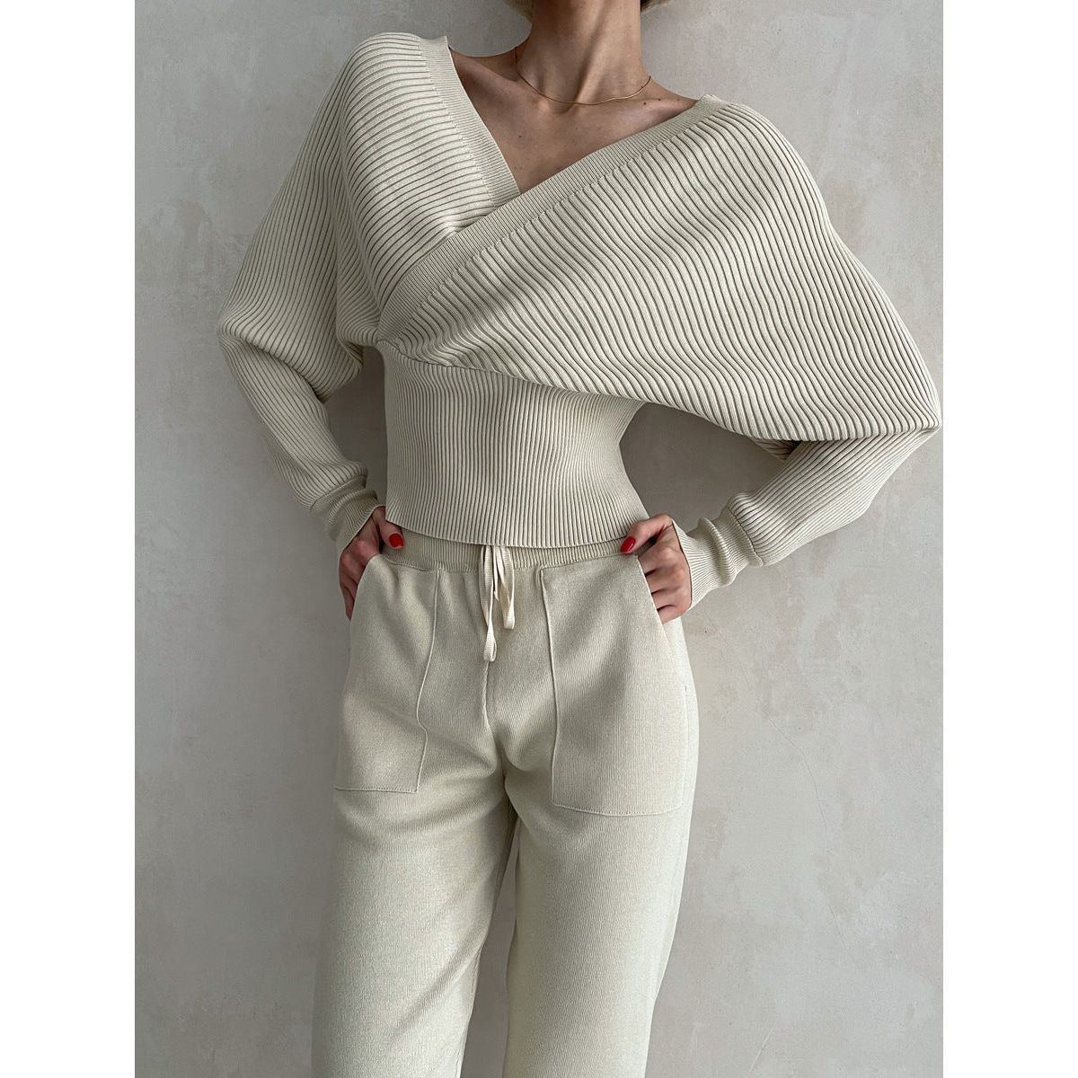 Leaky Shoulder Bat Sleeve V-neck Foreign Style Knitted Sweater Two-piece Set - Jointcorp