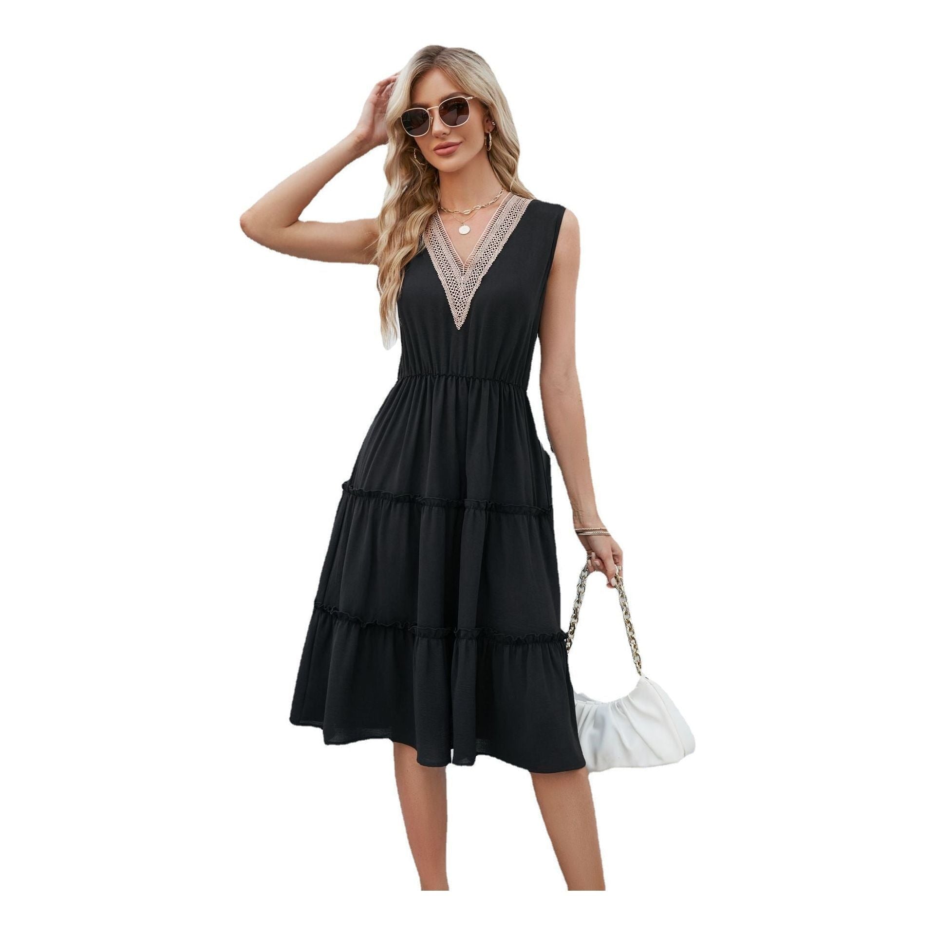 V-neck Dresses Women Sleeveless Pleated Ruffle Elegant Dress Beach Summer - Jointcorp