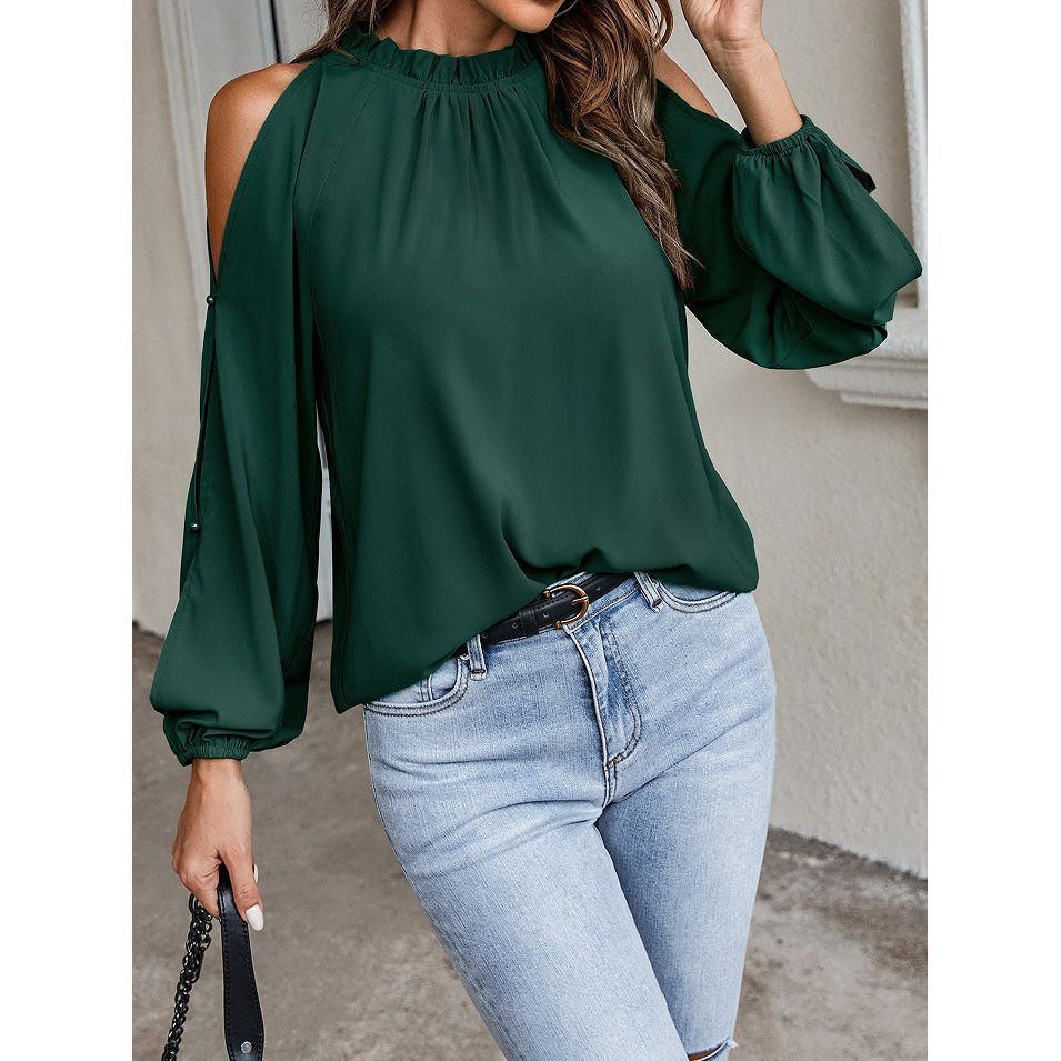 Ruffle Round Neck Long Sleeve Pleated Off-shoulder Top