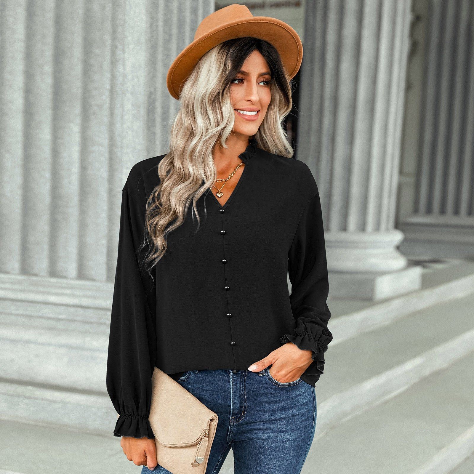 Fashion Button Decoration Solid Color Shirt - Jointcorp