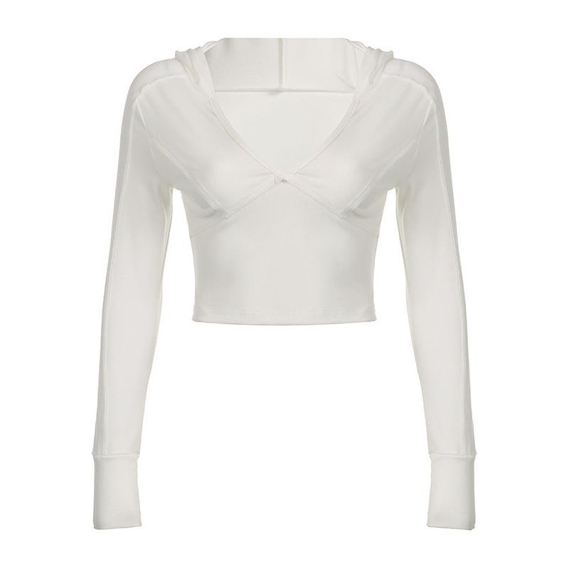 Hooded Low-cut V-neck Thin Slim-fit Base Top With A Slimming Temperament, Short Car And Long Sleeves