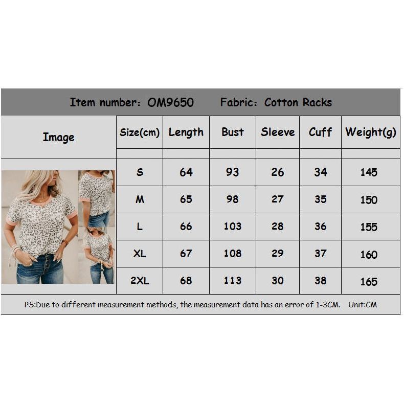 Leopard Print Contrast Color Round Neck Short-sleeved Casual T-shirt