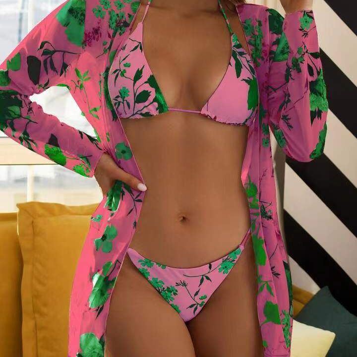 New Swimsuit Women's Printed Mesh Three-piece Blouse