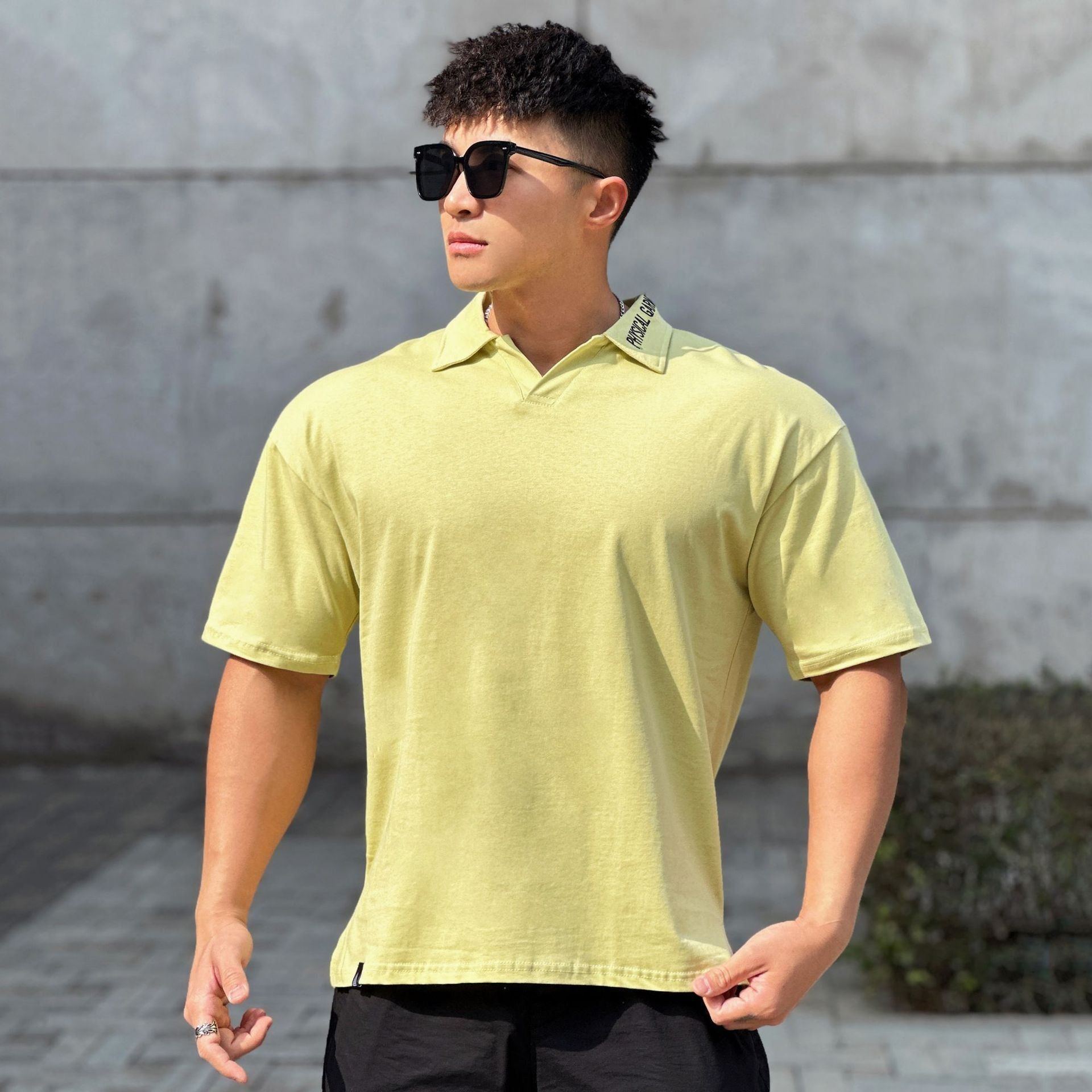 Fitness Running Loose Cotton Lapel Embroidered Thick T-shirt - Jointcorp