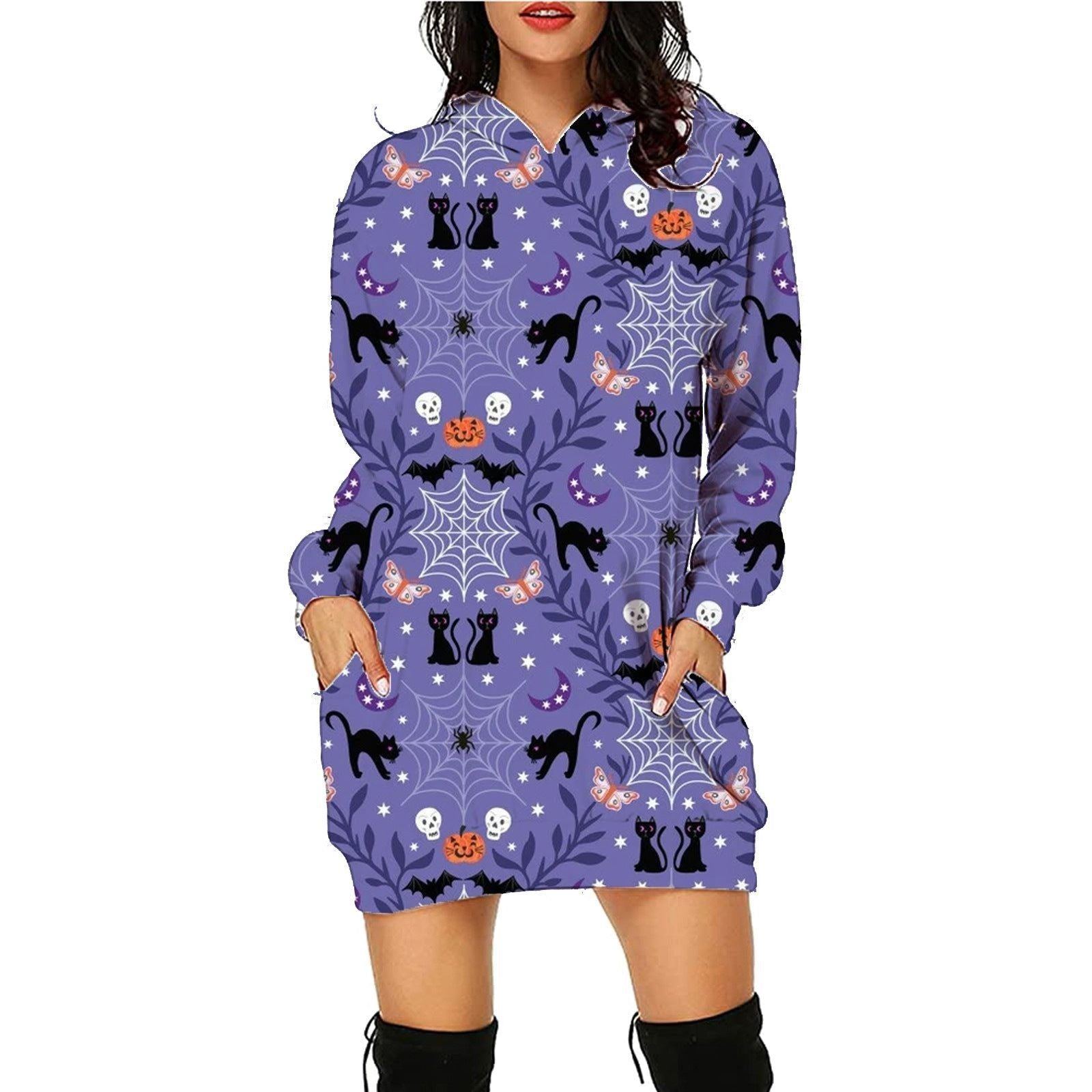 Halloween Print Long Hoodie With Pockets Sweater Long Sleeve Clothes Women - Jointcorp