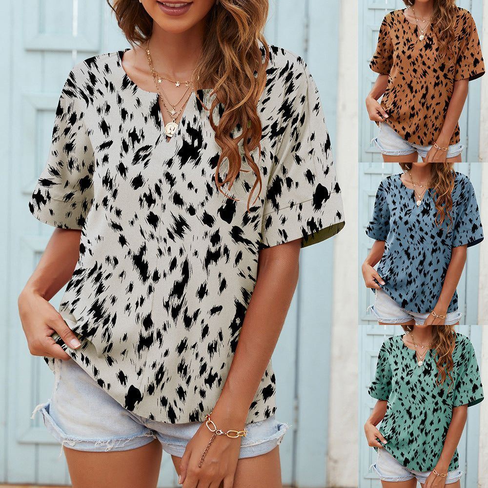 Printed V-neck Short-sleeved Casual Top T-shirt For Women - Jointcorp