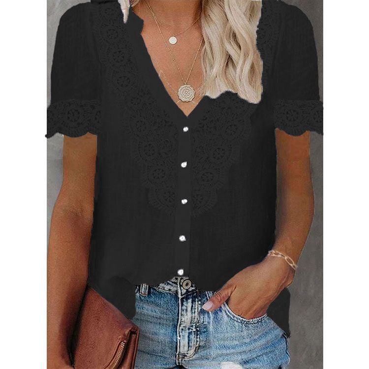 Summer New Women's Lace Stitching Tencel Short Sleeve Shirt