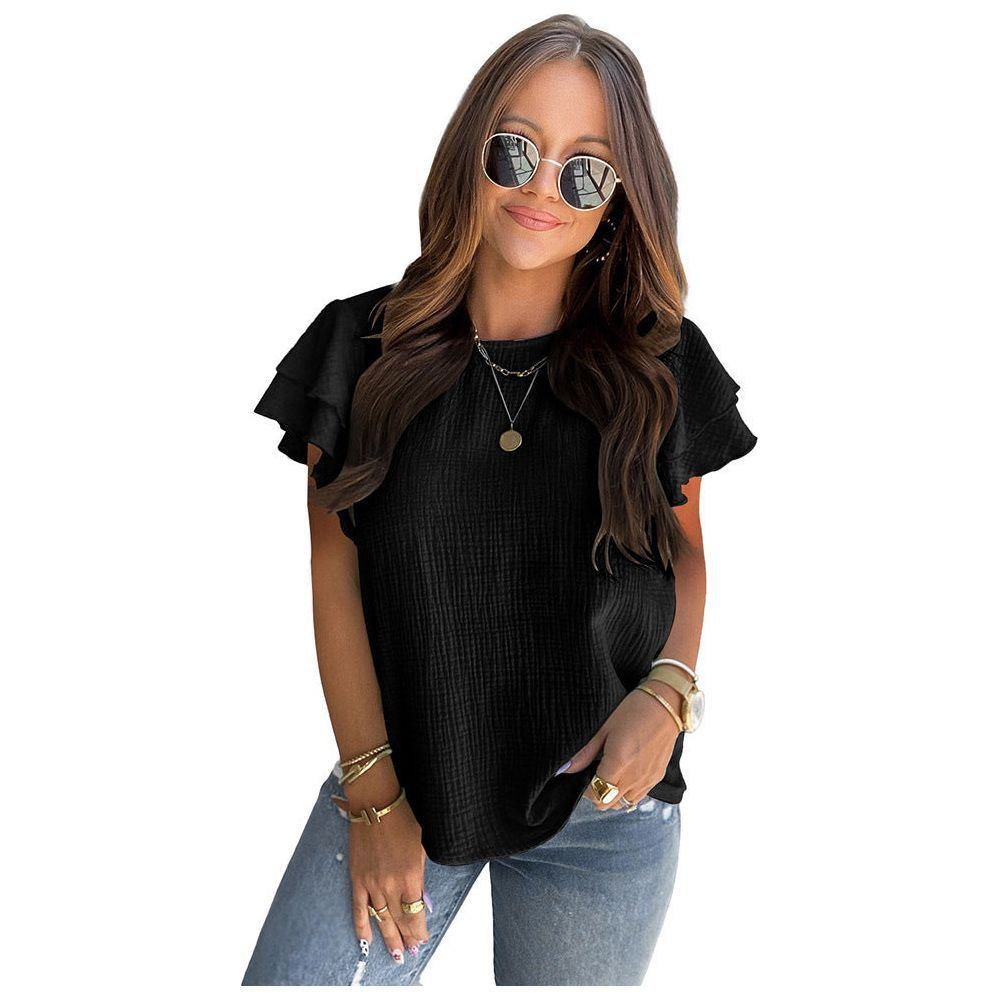 Pink Texture Layered Pleated Short Sleeves Shirt Women's Summer Fashion Loose Pullover