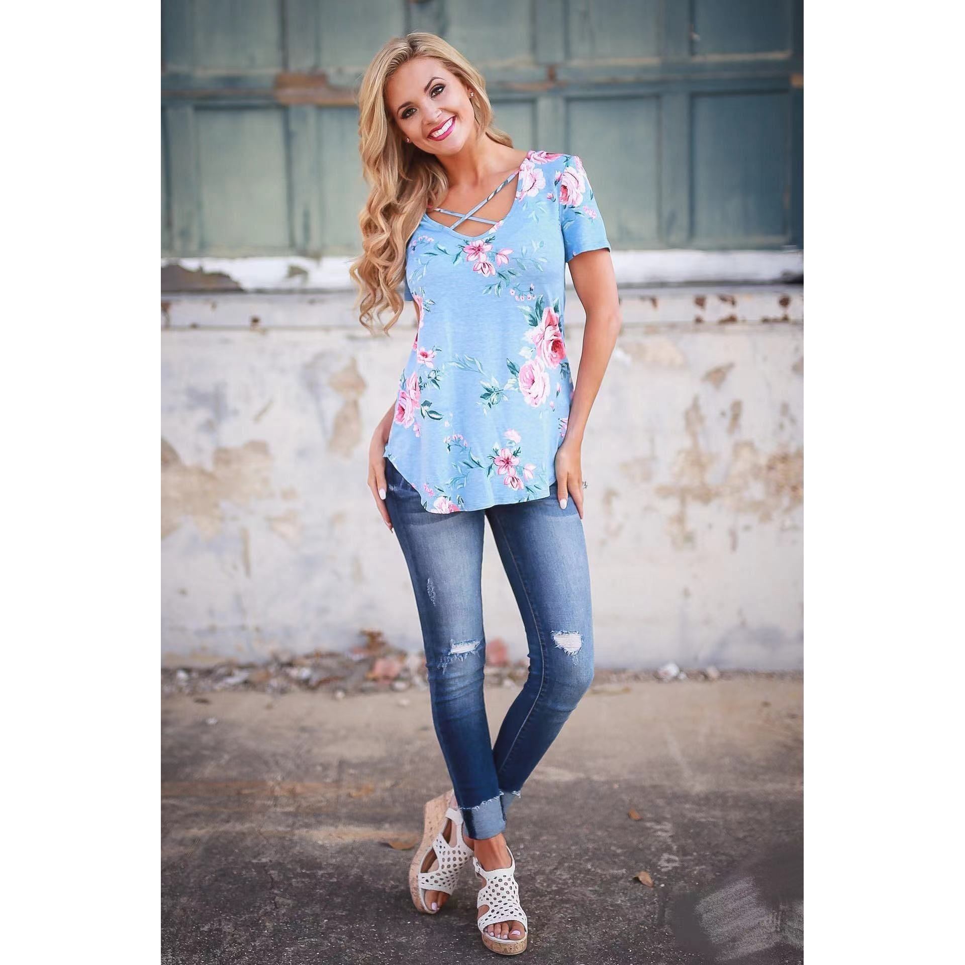 Flower Print Cross Front Short Back Long T-shirt