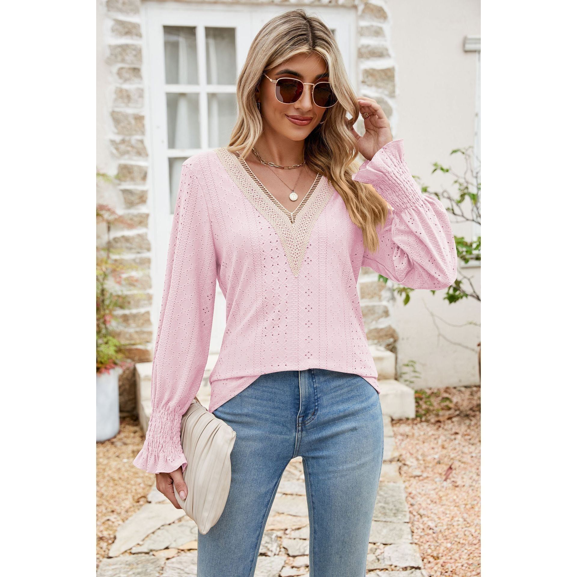 Solid Color Lace V-neck Patchwork Long Sleeve Loose-fitting T-shirt Top