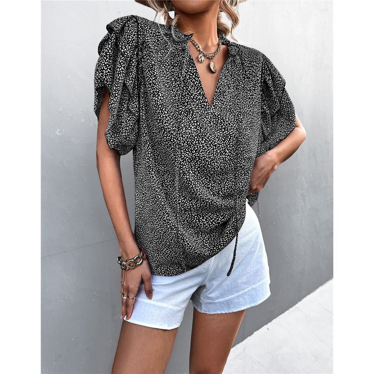 Tied V-neck Leopard Print Top Casual T-shirt - Jointcorp