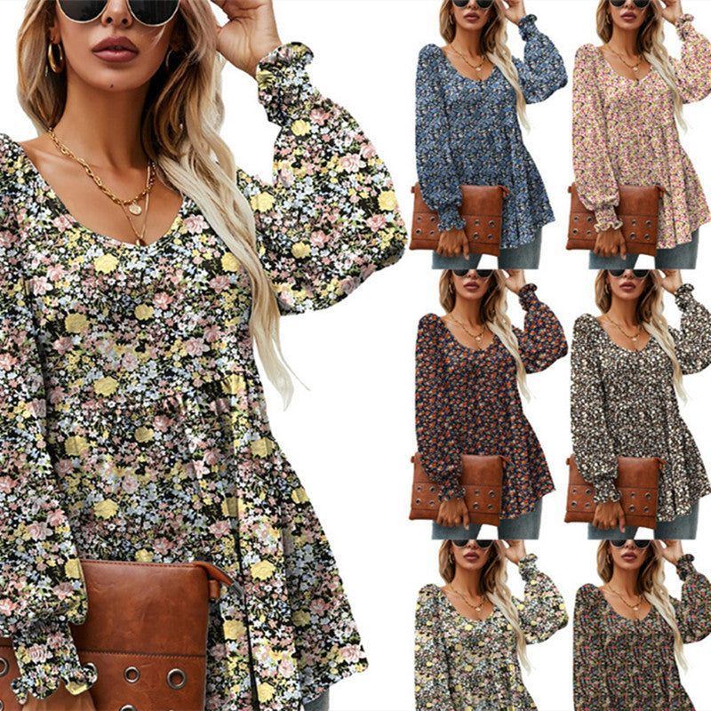 Women's Fashion Casual Printing Bubble Long Sleeve Waist Top