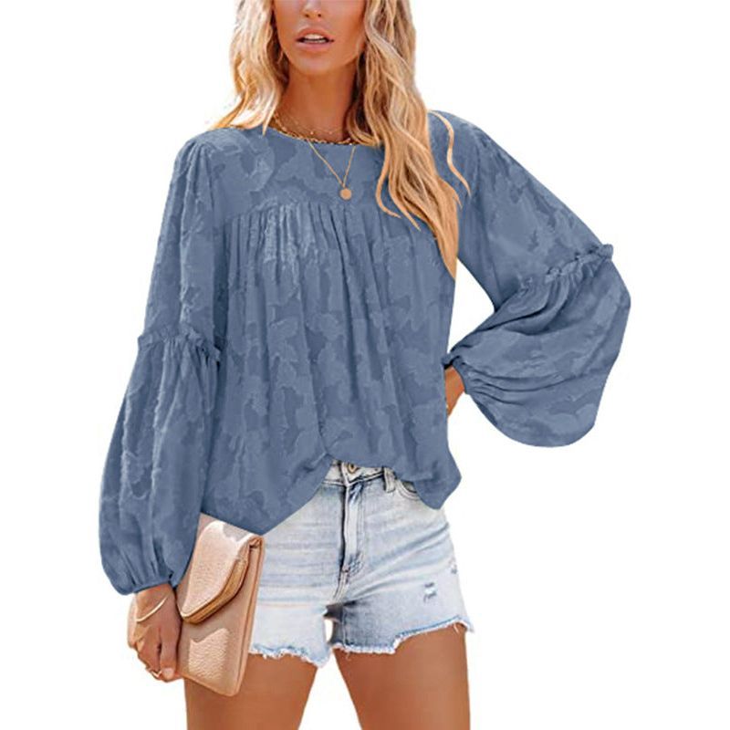 Chiffon Jacquard Floral Texture Lantern Sleeve Shirt