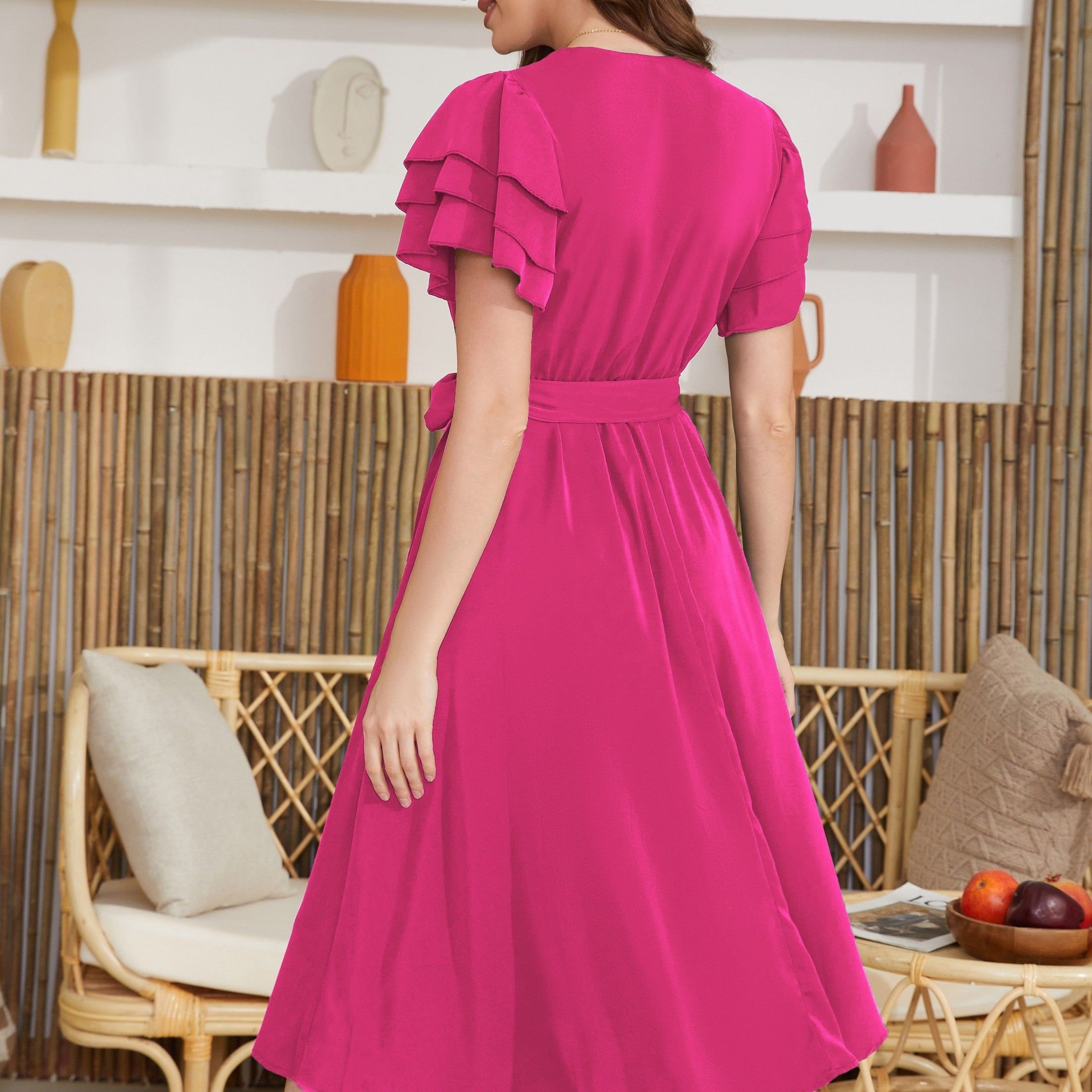 Belted Layered Ruffle Hem Dress, Casual V Neck Short Sleeve Dress, Women's Clothing