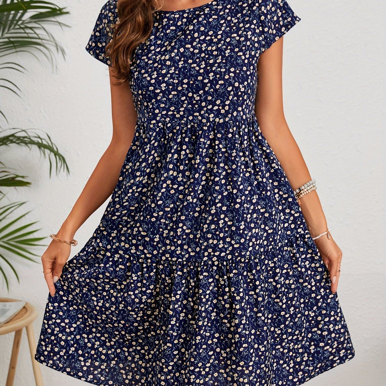 Floral Print Crew Neck Dress, Vintage Short Sleeve Dress For Spring & Summer, Women's Clothing