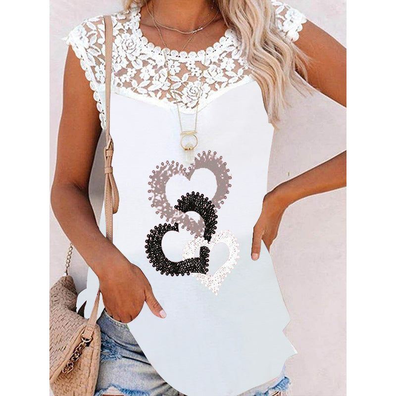 Summer Print Crew Neck Lace Trim Casual Loose Women's Tank Top - Jointcorp